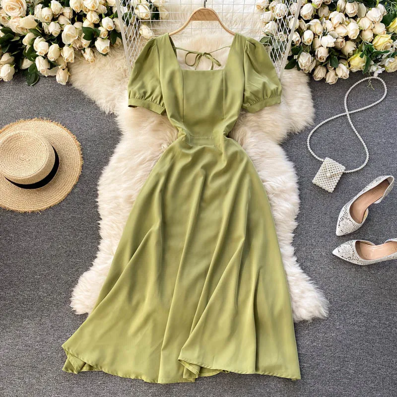 Elegant retro dress square neck puff sleeves slimming pure color temperament gentle boho Vintage Mid-Calf vestidos 210420