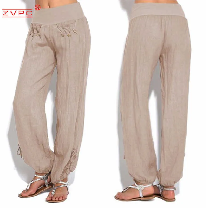Verano 2021 Reintage BeFoot Color sólido elástico media cintura Casual botones sueltos mezcla de algodón pantalones de mujer Q0801