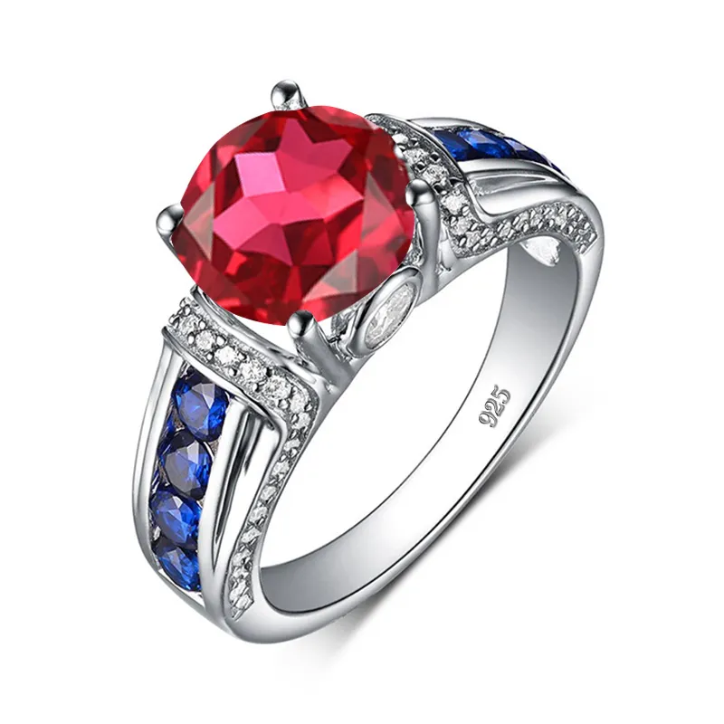 Anillos Plata 925 Para Mujer Round Red Ruby Coney Rings для женщин Винтаж с Diamond Sapphire Charm 2020 Известный бренд Ювелирные изделия