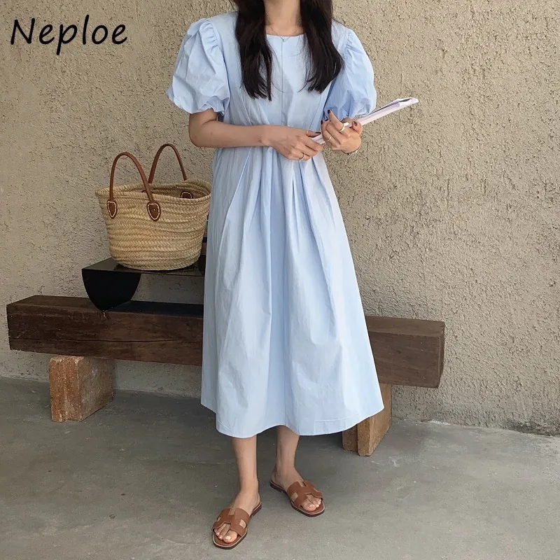 O Neck Puff Short Sleeve Solid Dress Women High Waist Hip A Line Long Vestidos Summer Candy Color Robe Wild 210422