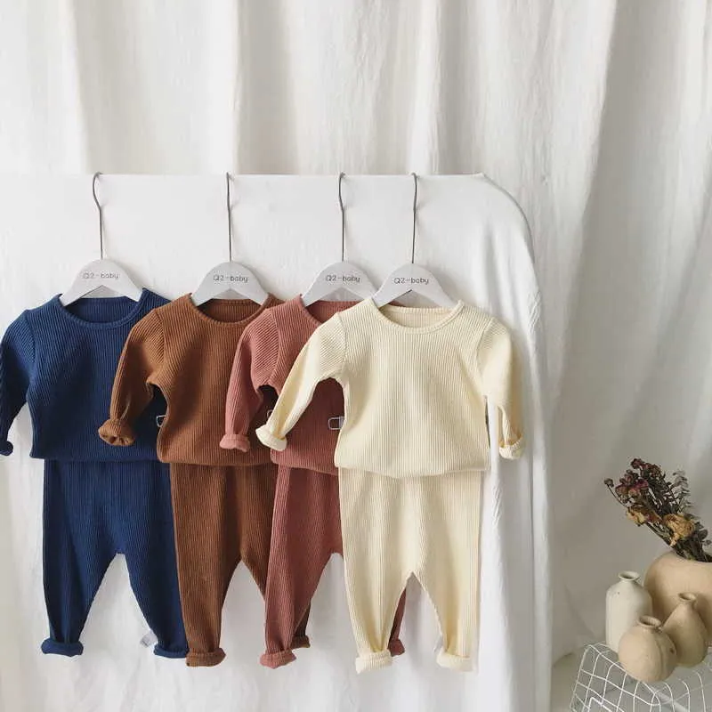 Весна Baby Pajamas вязание вафель с длинным рукавом хлопчатобумажная домашняя одежда девушка мальчик oufits одежда E2419 210610