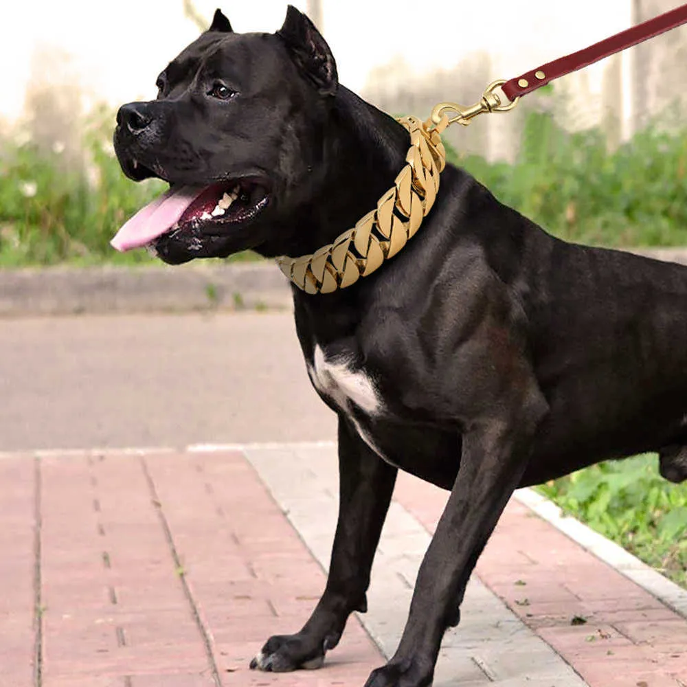 Stark metallhundkedja Collars rostfritt stål Pet Training Choke Collar för stora hundar Pitbull Bulldog Silver Gold Show Collar 210729