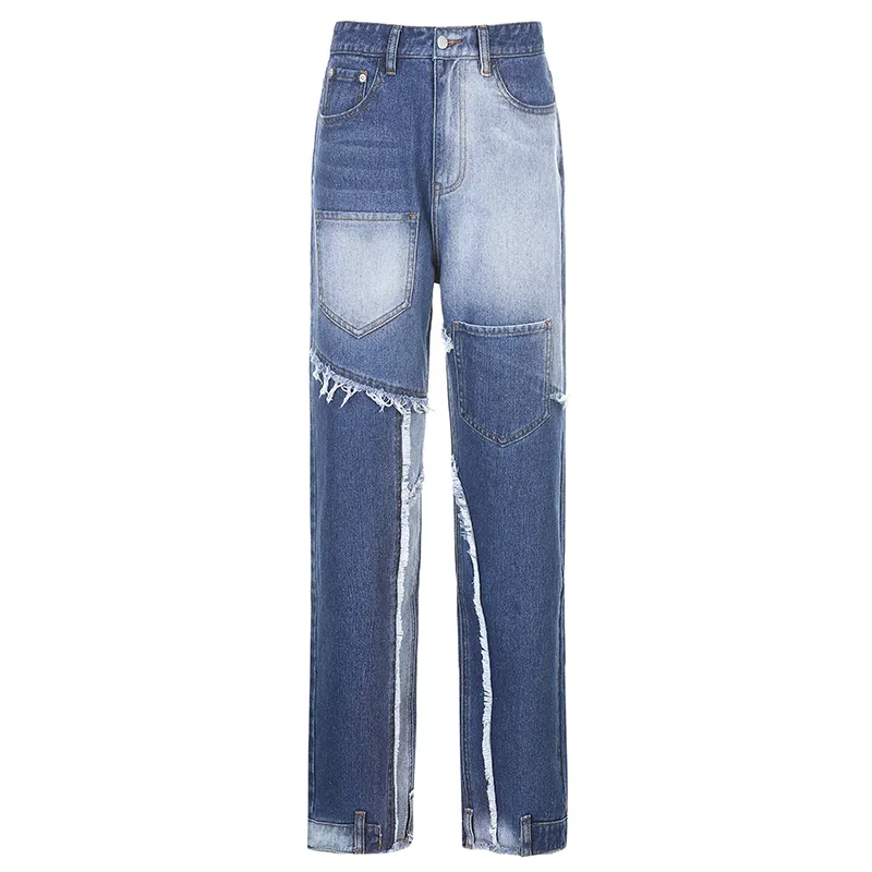 Blaue gepatchte gerade Y2K-Jeans für Mädchen weibliche Mode Frauen Quaste Vintage-Denim-Hosen mit hoher Taille Hose Streetwear 210415