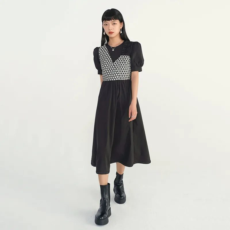 [EAM] Women Contrast Color Jcaquard Midi Dress Round Neck Short Sleeve Loose Fit Fashion Spring Summer 1DD5830 210512