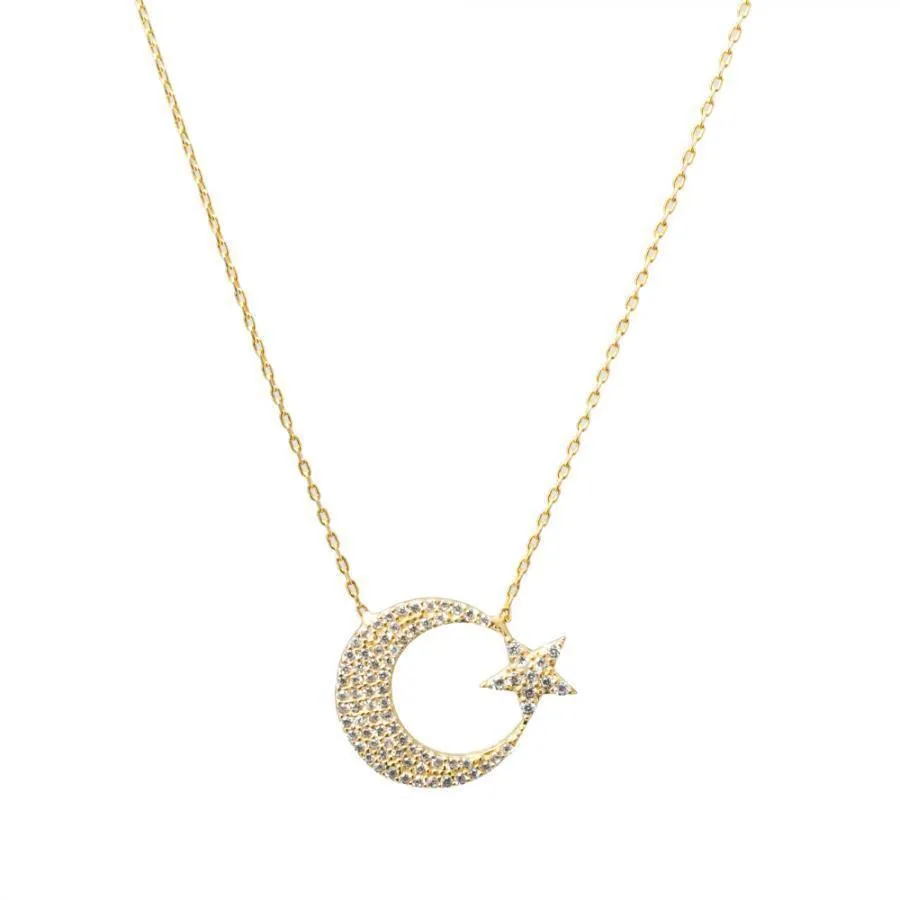 Crescent Star Model Collier turc de couleur or en argent sterling 925 massif pour femmes pour cadeaux