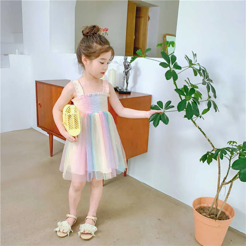 Kızlar Elbise Gökkuşağı Buruşuk Örgü Askı Prenses Parti Yaz Moda Bebek Çocuk Çocuk Giyim 210625