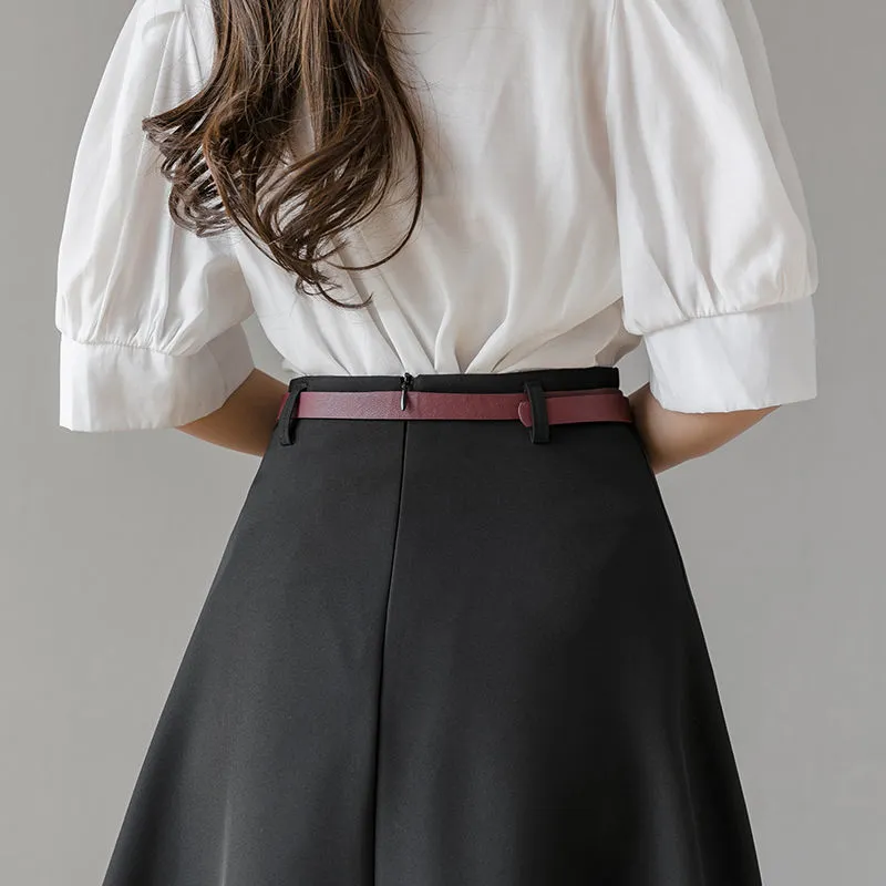 プラスサイズのヴィンテージロングスカートの女性の高腰ミディスカートベルトエレガントなオフィスレディースフォーマルな仕事韓国の黒いスカート210412