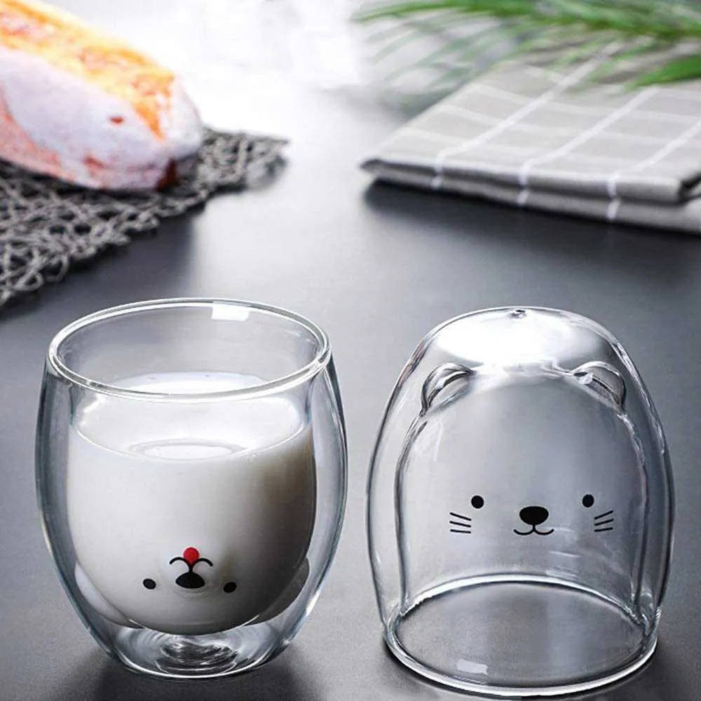 Tasses d'ours mignonnes tasses en verre à Double paroi isolées jus de lait chocolat Cappuccino Home299A2896081