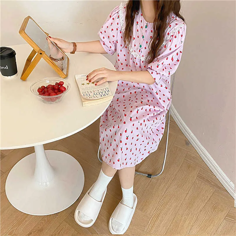 Printed Women O-Neck Chic Short Sleeve Sleepwear Floral Vintage Comfortable Cotton Fashion Pajamas Dress 210525