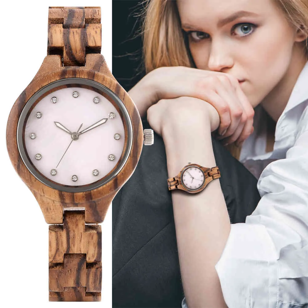 Montre en bois élégante pour femmes, montre-Bracelet de luxe avec cadran en diamant, à Quartz, entièrement en bois, pour dames, boîte cadeau pour petite amie