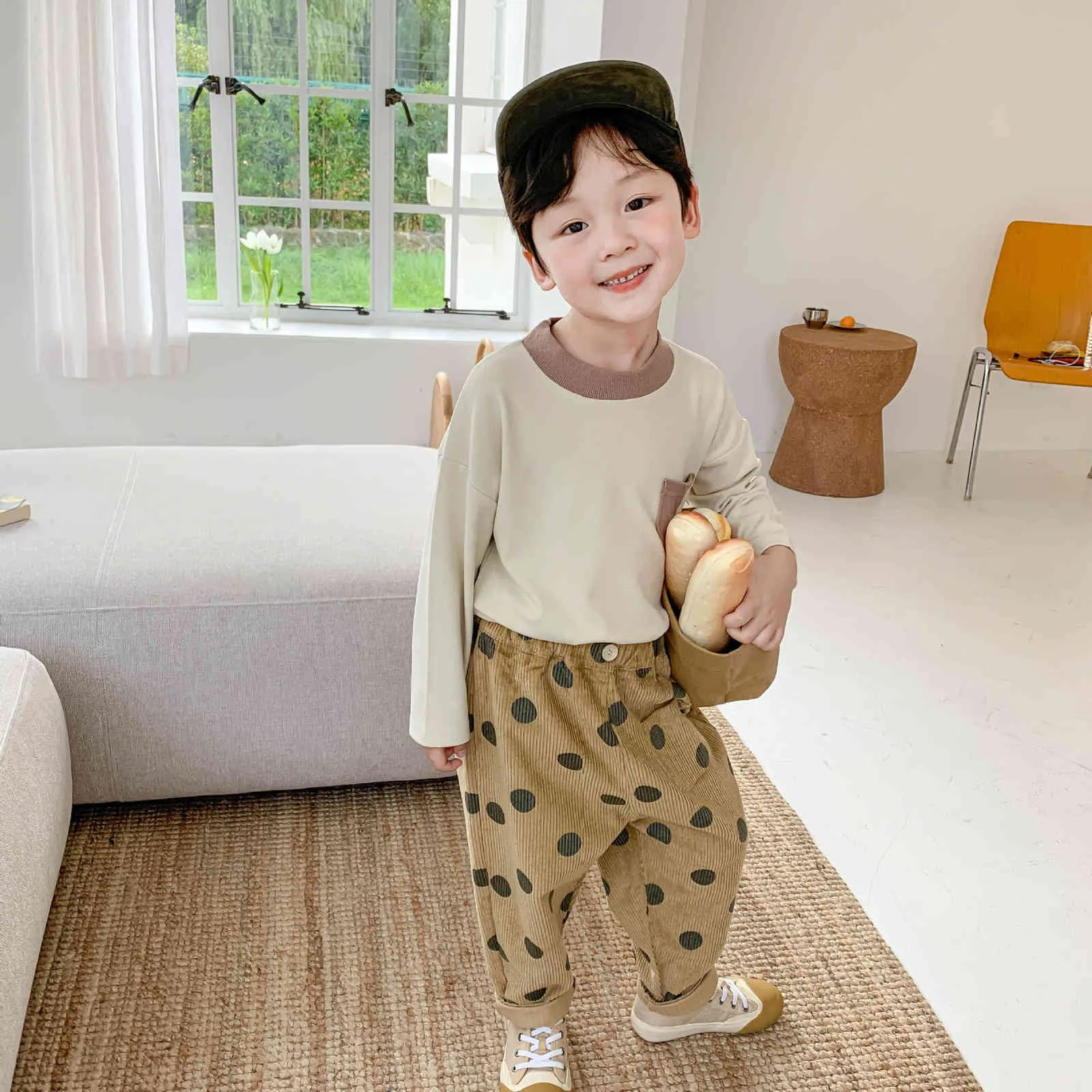 Fashion boys girls corduroy casual pants kids children dot trousers 1-6Y 210508