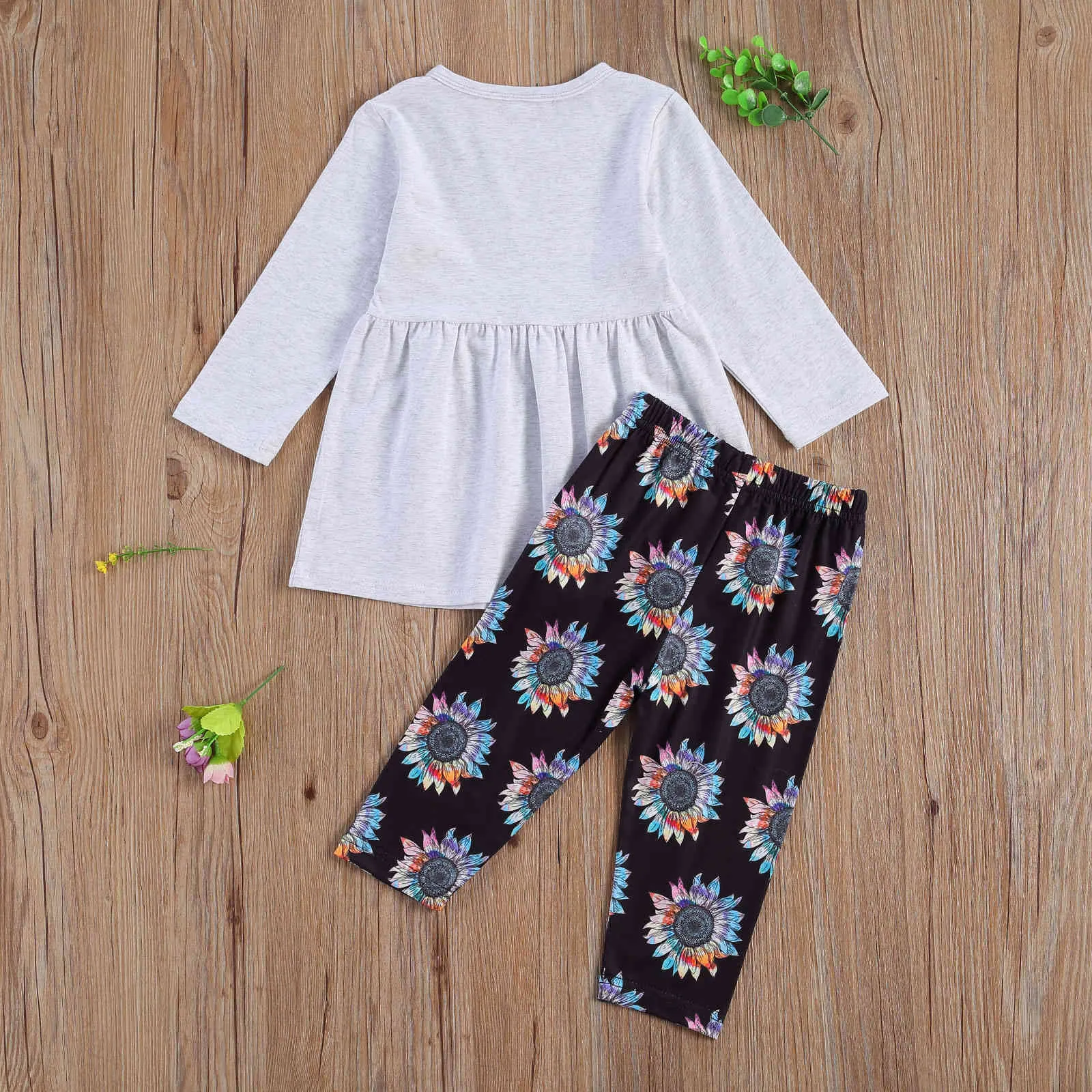 2-7Y осень весенний малыш малыш девочек одежда набор с длинным рукавом цветок туника верхние подсолнечники брюки брюки детские наряды 210515