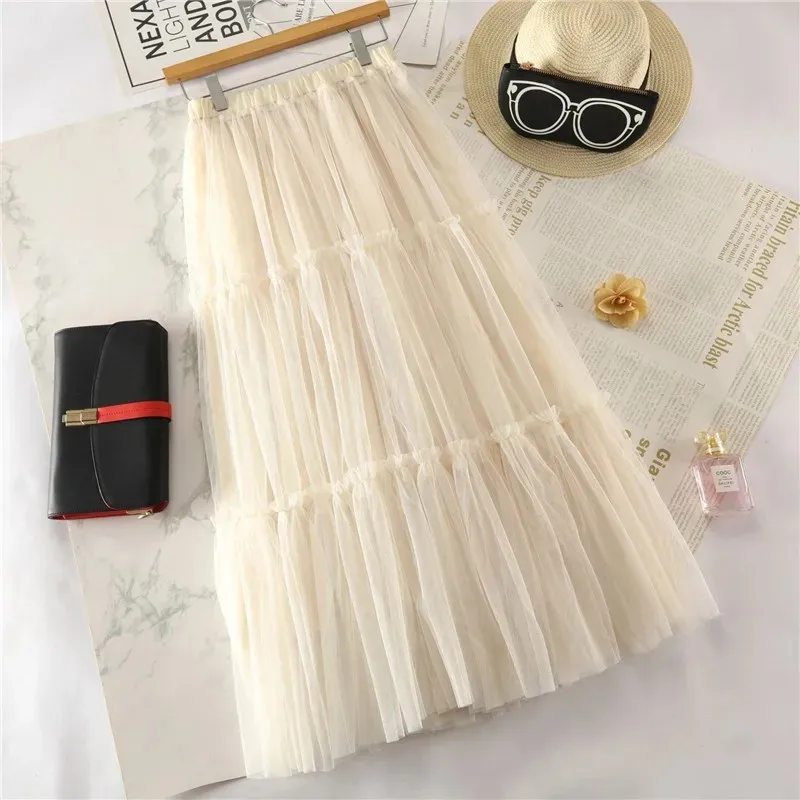 Noir Long gris plissé Tutu jupes été Vintage femmes élastique taille haute maille Midi Tulle femme Jupe Longue Saia 210421