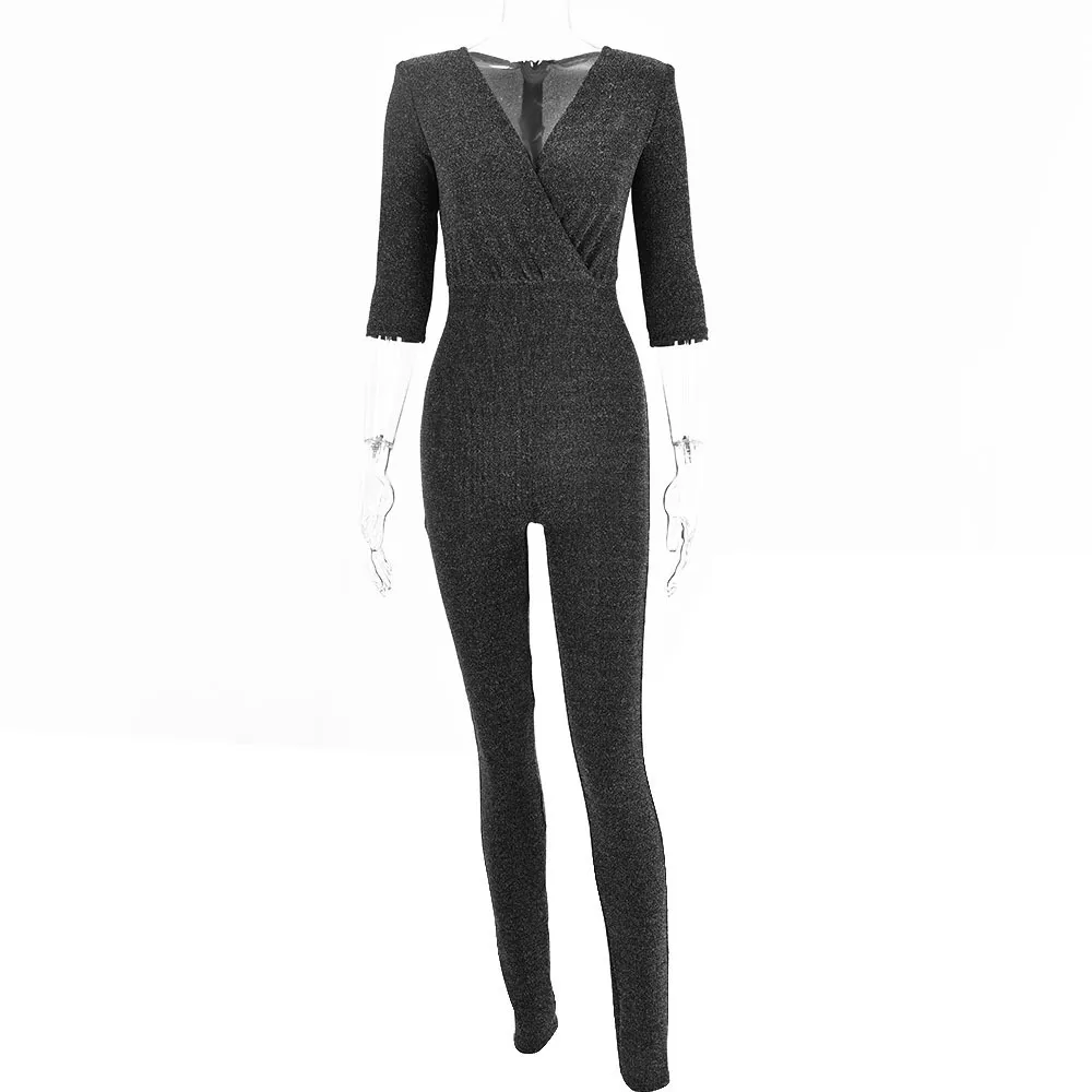 Mulheres Jumpsuit V Neck manga comprida almofada de ombro Envoltório Brox Brilhante Seda Sexy Macacão Mola Mulher 210524