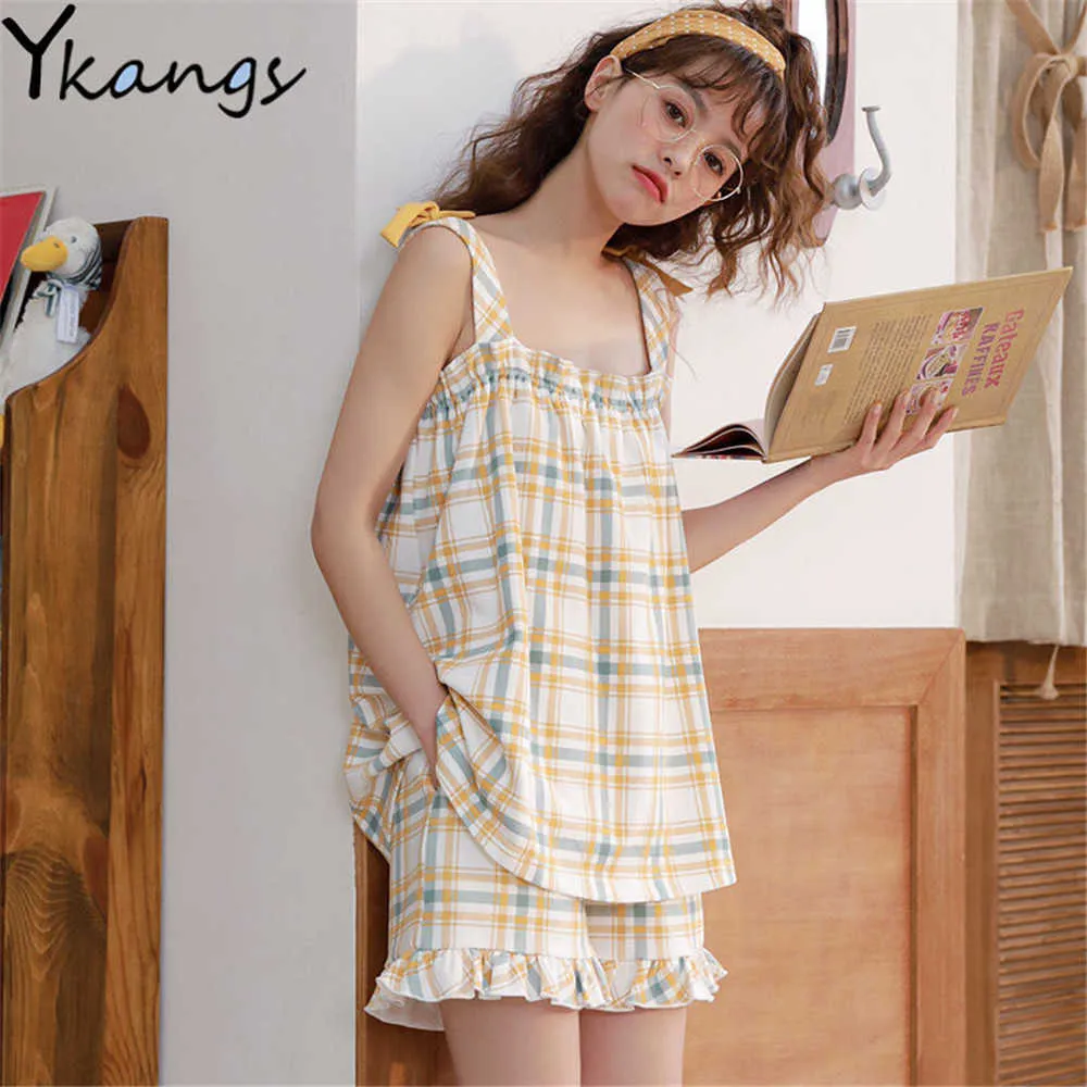 Bogen Rüschen Süße Pyjamas Set für Mädchen Frauen Sommer Baumwolle Koreanische Student Nette Dünne Japanische Plaid Sling Hause Zwei-stück Anzug 210619