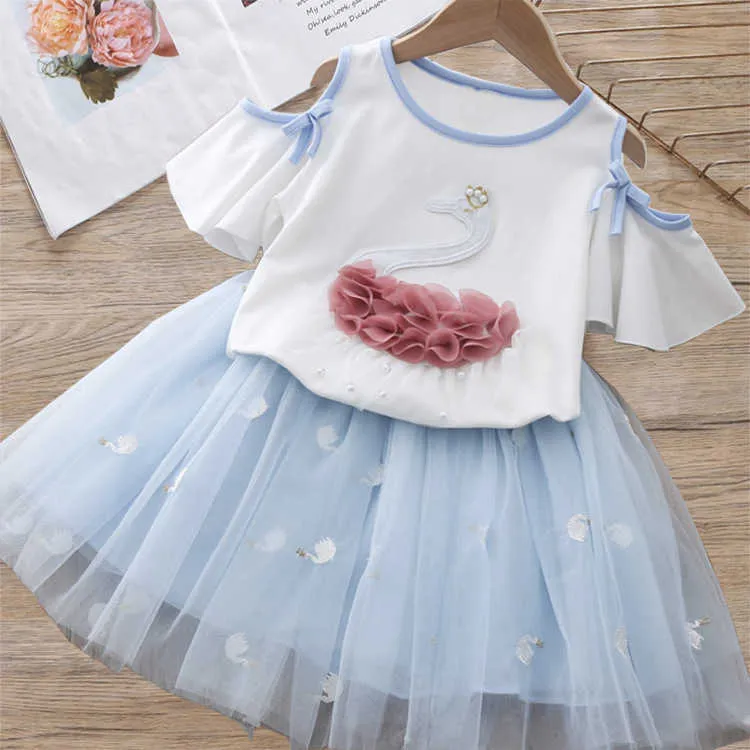 Set di abbigliamento ragazze estive T-shirt ricamata elegante cartone animato principessa + gonna di garza 2 pezzi vestito bambini bambini 210625