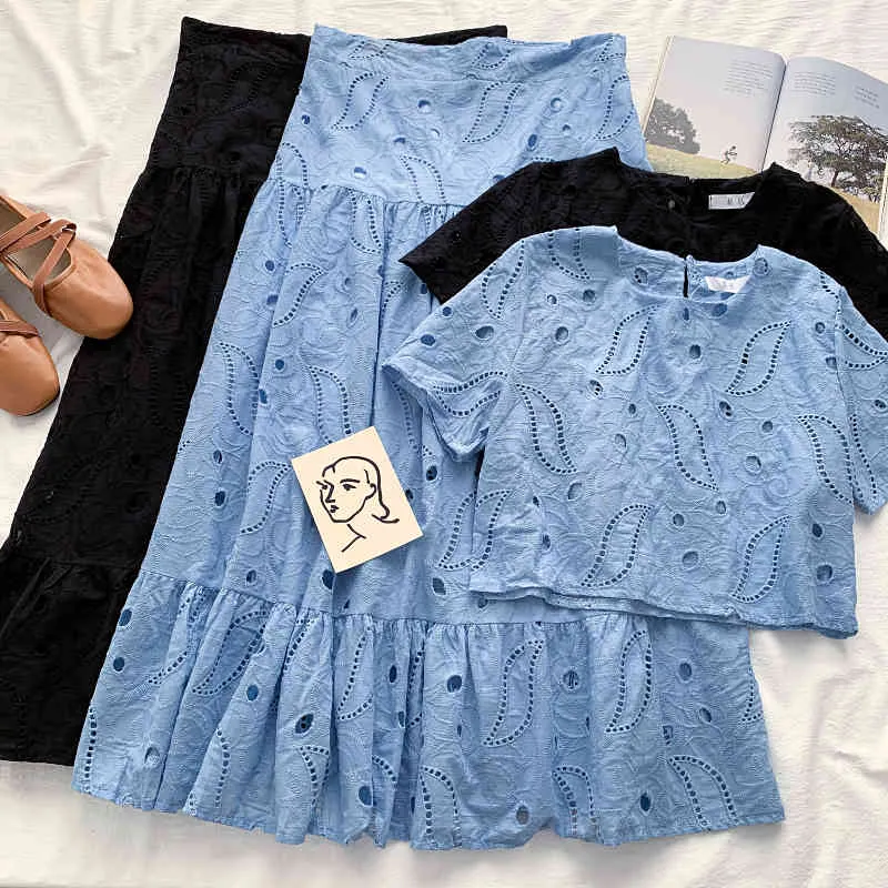 Kimutomo Casual Fashion Two Piece Set Sweet Girls Hollow Out Embroidery O-neck Short Sleeve Top + High Waist Ruffles Solid Skirt 210521