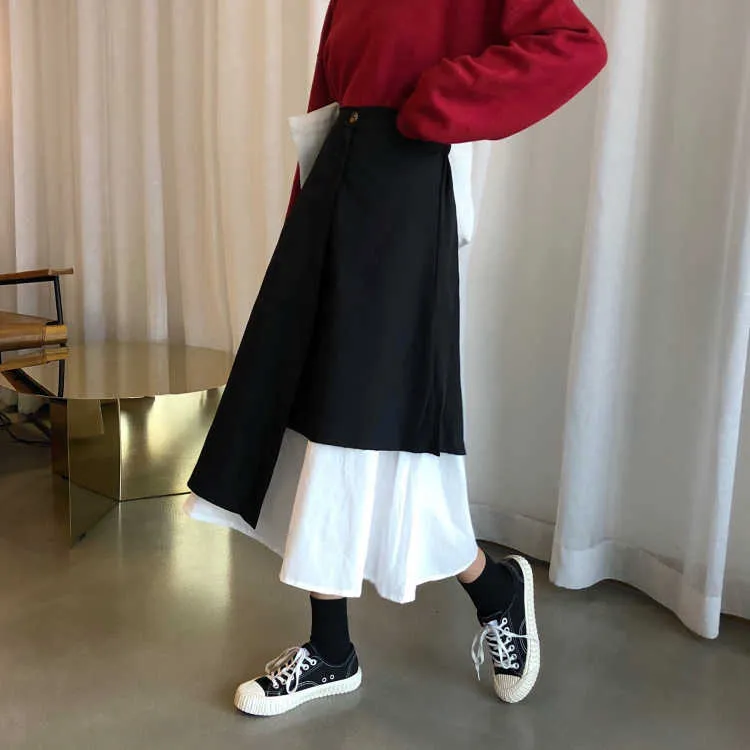 Mid-length Retro Japan A-line High Waist Patchwork Irregular Skirts Women Student Casual Mujer Faldas Wrap Hip Fashion Wild 210610