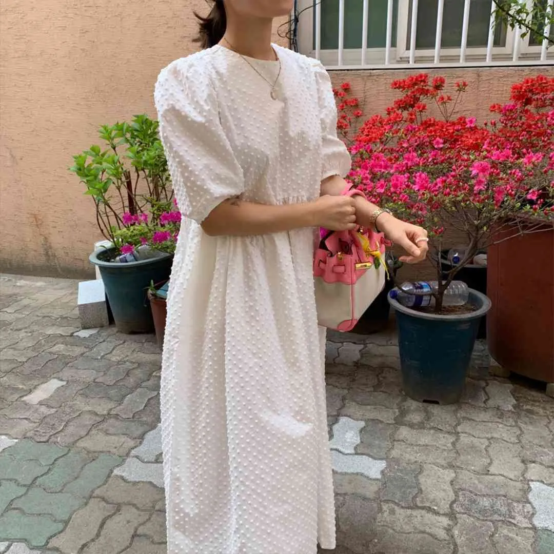 Robe d'été femme ample longue Vintage blanc fête es femmes élégantes à manches courtes à pois vêtements français 13720 210510