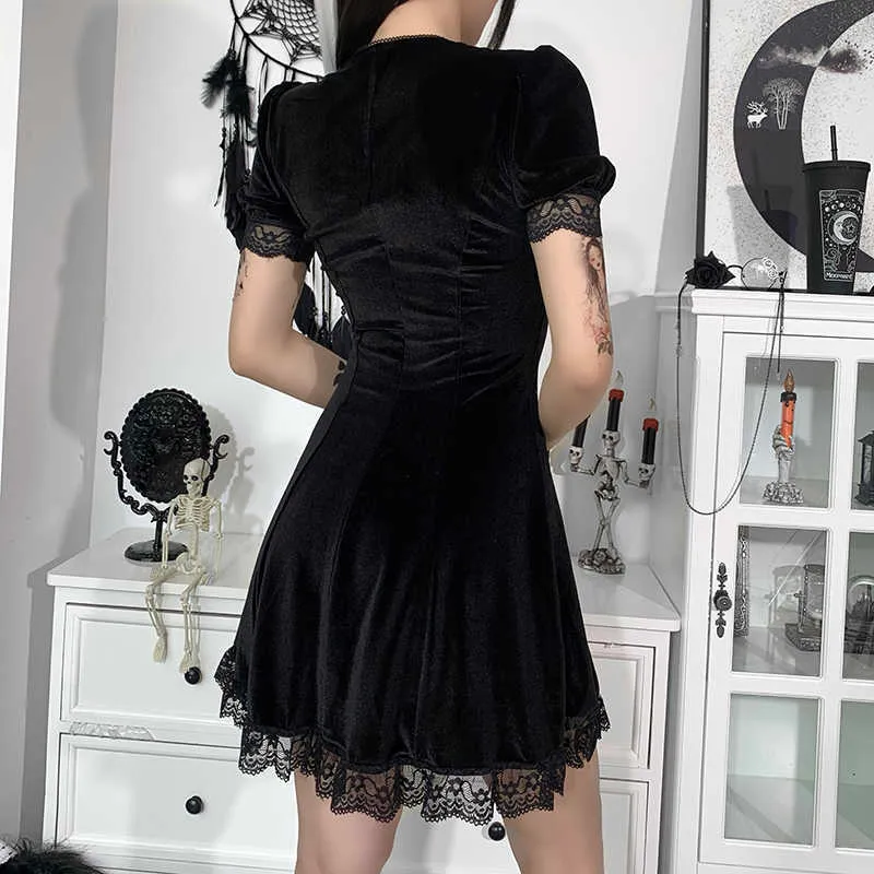 InsGoth Vintage Spitze Schwarzes Kleid Goth Sexy High Waist Minikleid Ästhetisch Elegant Kurzarm A Linie Kleid Party Club Wear X0521