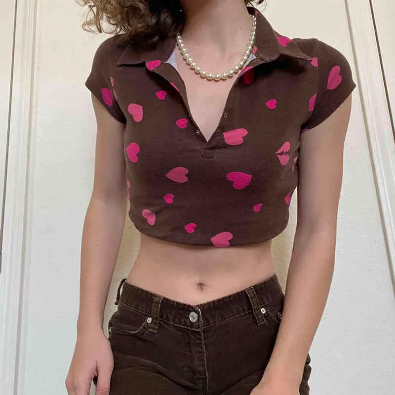 Pink Heart Printed Brown Short Sleeve Women's T-Shirt For Girls Cute Fashion Kawaii Turn-Down Collar Y2k Crop Top Tee Shirt 210510