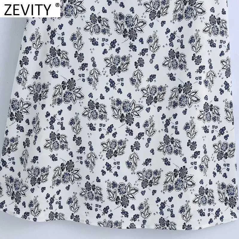 Zevity Women Elegant Pleated V Neck Puff Sleeve Floral Print Casual Slim Midi Dress Femme Back Zipper Vestido Dresses DS8216 210603