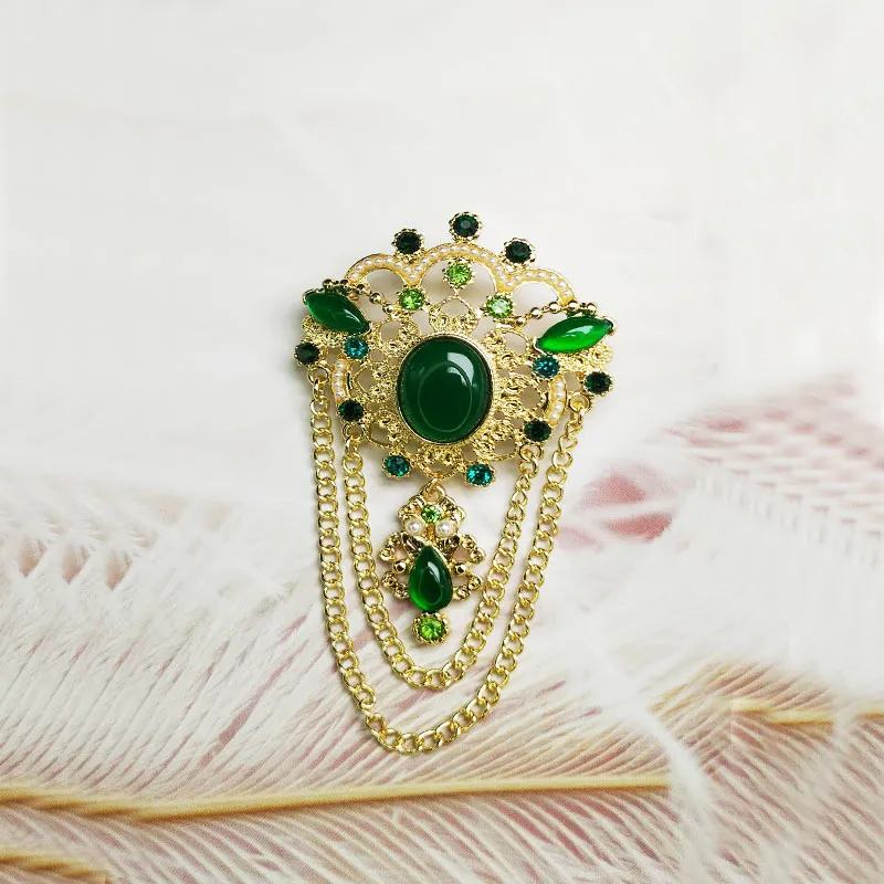 Retro Broş Vintage Jewel Antik Elbise Eşarp Düğme Çift Katmanlı Zincir Lüks Yeşil Taş Pimleri