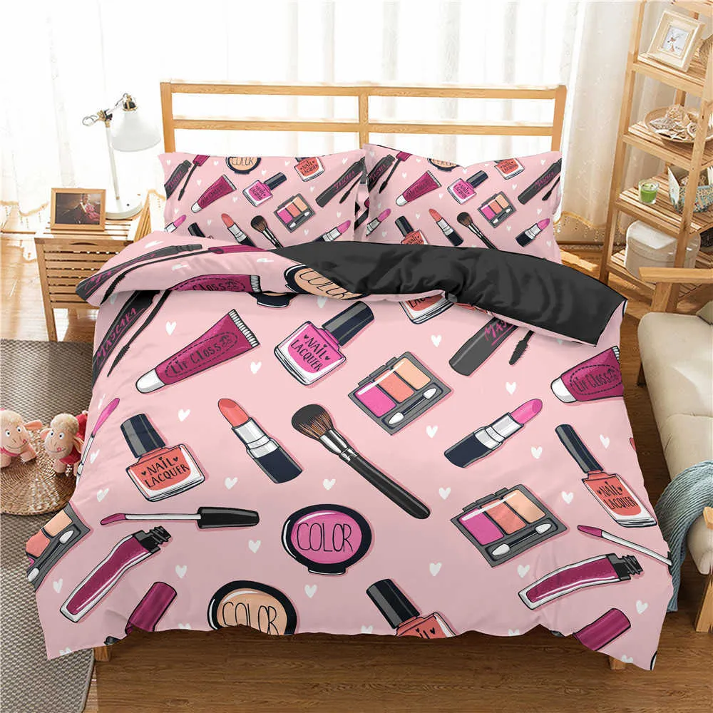 Homesky maquillaje de lujo lápiz labial juego de cama cosmético rosa funda nórdica niñas mujeres cama hogar Textiles ropa de cama 2/3 piezas 210615