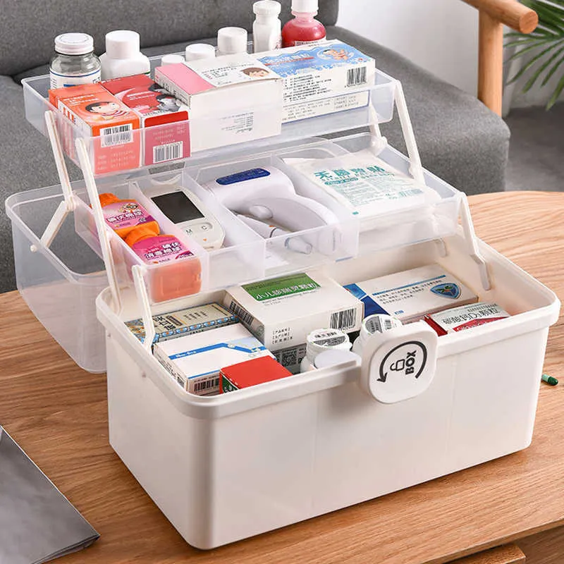 3/2-lagige tragbare Erste-Hilfe-Set-Aufbewahrungsbox aus Kunststoff, multifunktional, für Familien-Notfälle mit Griff, Medizintruhe 210922