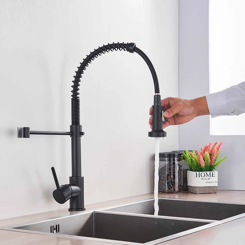 Matte Black Kitchen Sink Faucet One Handle Spring and Cold Water Tap Deck Mounted Bathroom Kitchen Crane 210724