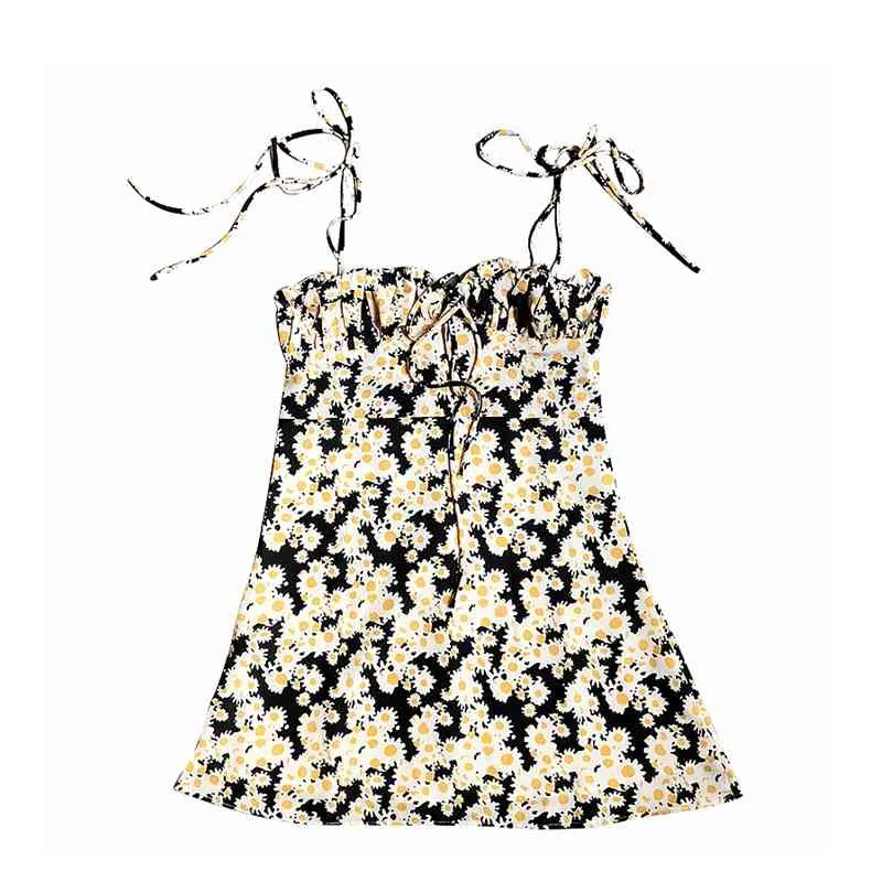 Sexy spaghetti sangle robe de plage femmes Vintage jaune Floral mini robe décontracté club fête bohème coréen vestidos 210521