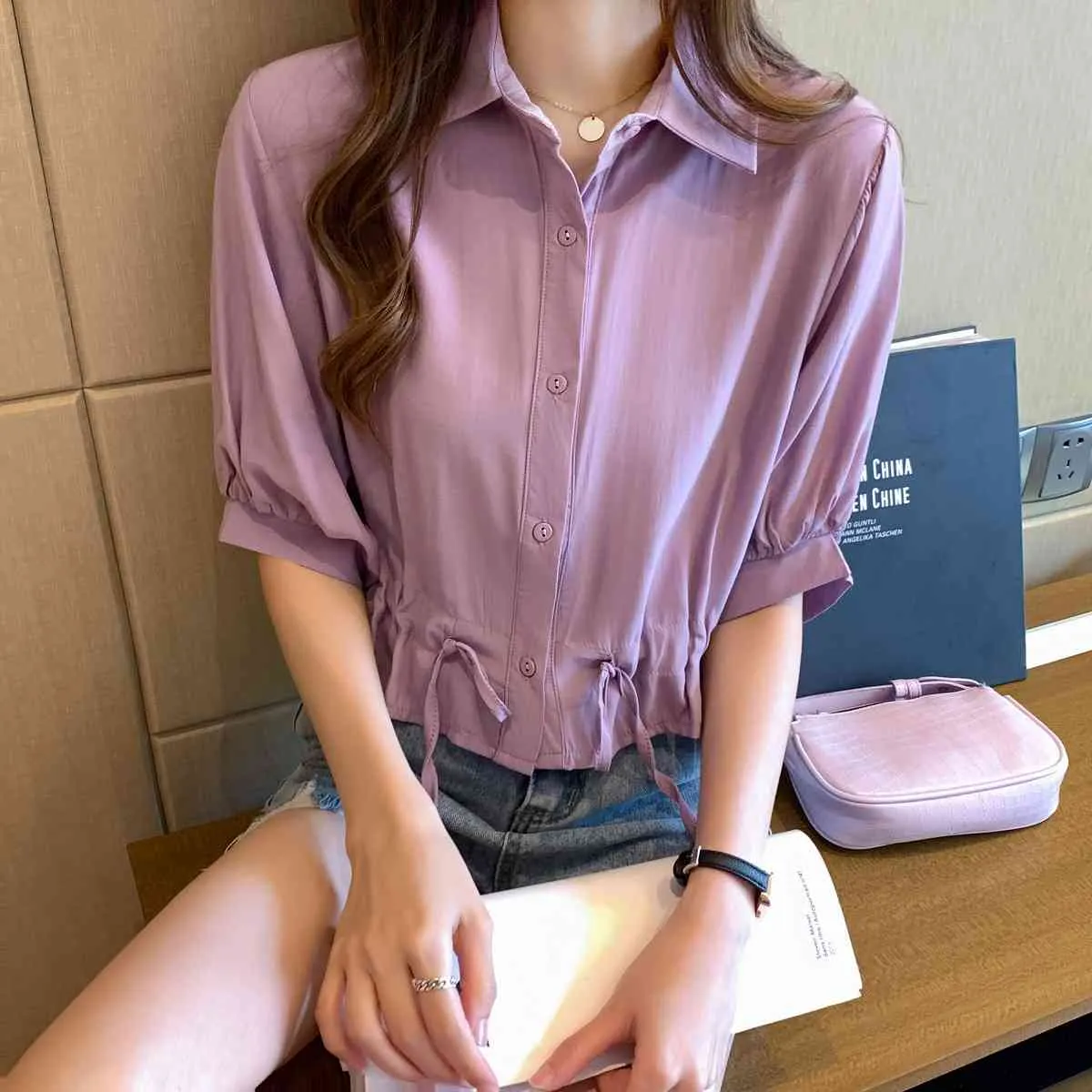 Blusas Mujer Summer Korean Short Sleeve Purple Top Female Simple Fashion Drawstring Polo Collar Woman's Blouses 10085 210508