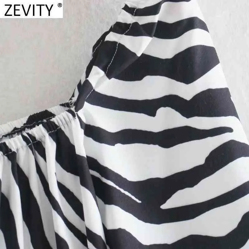 Kobiety Vintage Zebra Paski Drukuj Krótki Smock Bluzka Kobiet Plds Z Długim Rękawem Side Zipper Koszula Chic Blusas Topy LS9233 210420