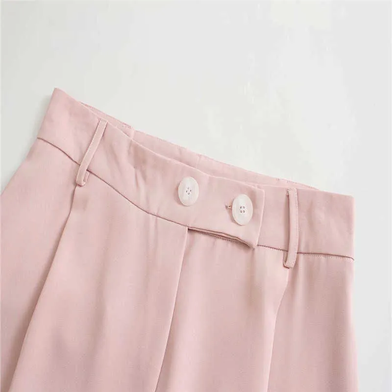 Za розовая высокая талия широкие ноги брюки женские передние плини плиты обертывают летние брюки модные карманы элегантные женщины свободные штаны 210602