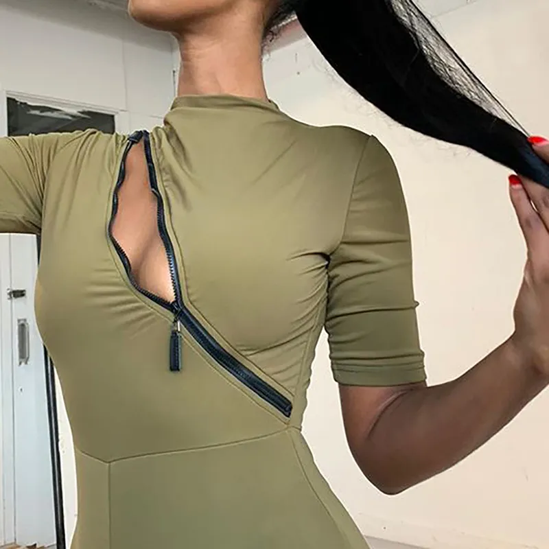 Army Green Sexy Bodycon Pani Spodenki Kobiety Solid O-Neck Krótki Rękaw Zip Hollow Out Fashion Kombinezon Streetwear Ubrania Jesień 210517