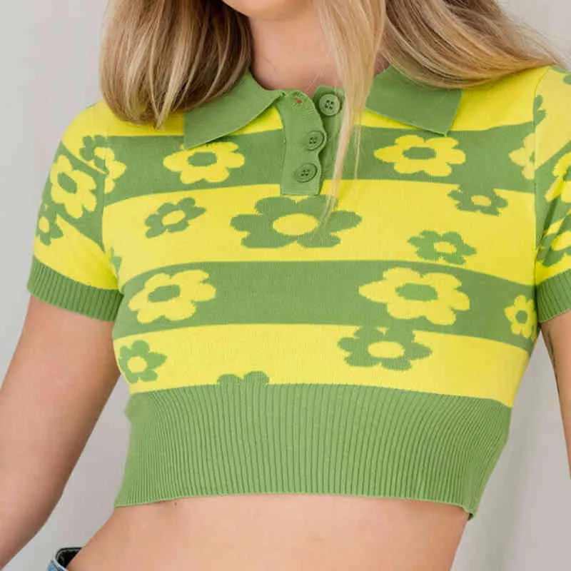 T-shirt in maglia Y2k con stampa floreale estiva kawaii ragazze con manica corta femminile colletto rovesciato maglietta verde crop top 210415