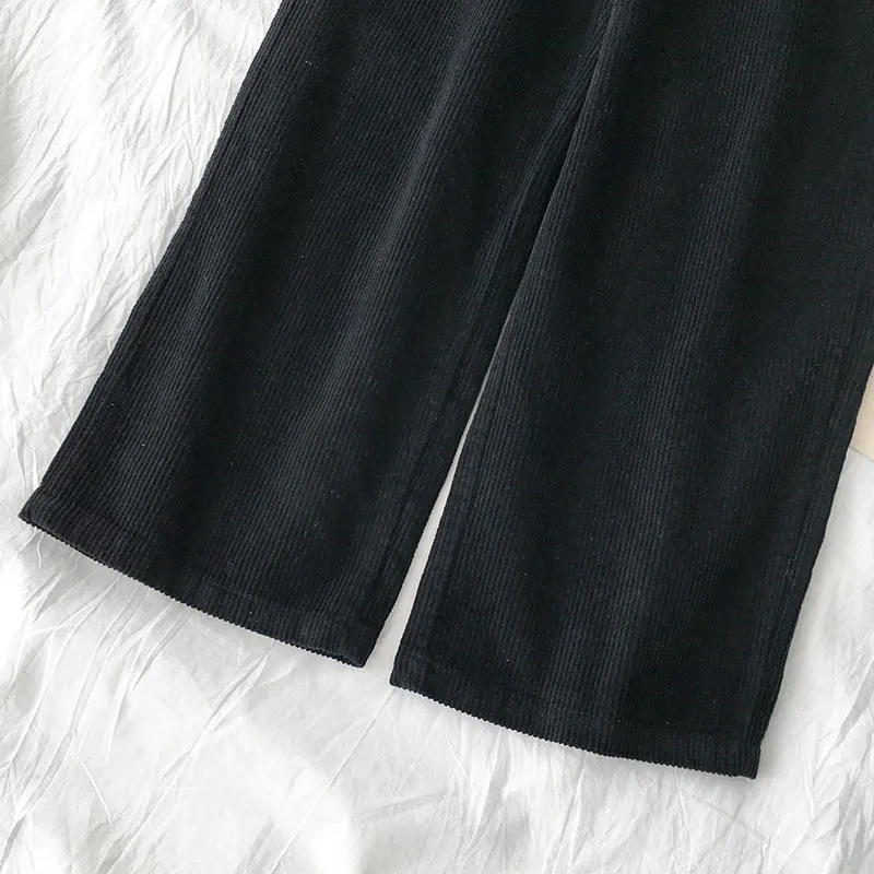 Ezgaga Streetwear Mujer Pantalones Moda Pana Vintage Sólido Suelto Cintura alta Pantalón largo Pierna ancha Negro Casual Otoño 210430