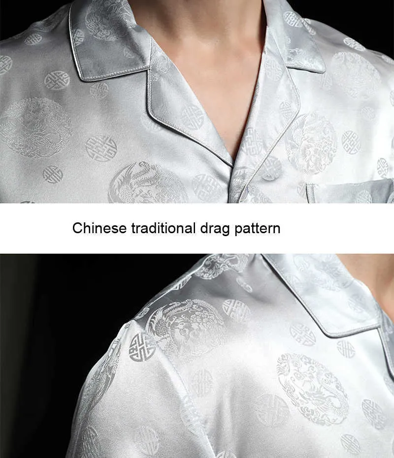 Męska nocna 100% Pure Print Silk Charmeuse Pajamas Ustaw rozmiar L XL XXL 211019