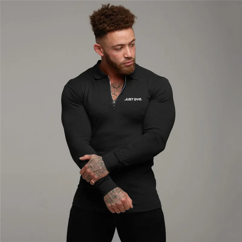 Nouveau automne marque polos hommes coton à manches longues slim fit polos chemise décontractée mode couleur unie gym fitness vêtements 210421