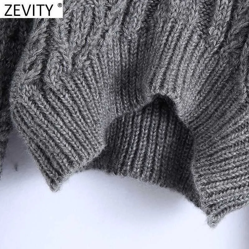 Zevity Women Vintage TurtleNeckツイストかぎ針編みショートニットセーター女性ランタンスリーブシックカジュアルプルオーバートップスS564 210603