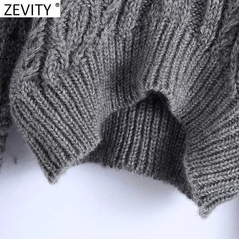 Zevity Women Vintage Turtleneck Twist Crochet Short Knitting Sweater Female Lantern Sleeve Chic Casual Pullovers Tops S564 210603