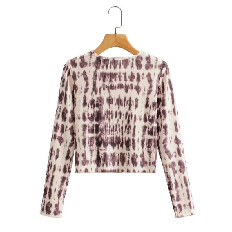春の女性の抽象的なパターン編み短いTシャツカジュアルな女性Oネック長袖スリムトップスT1391 210430