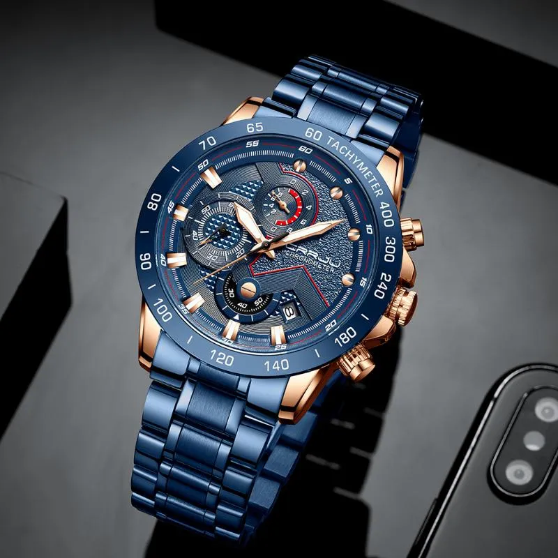 Zegarek nowoczesny design crrju menes obserwuj niebieski złoty kwarcowy kwarc Top kalendarz chronograf sportowy clock249z