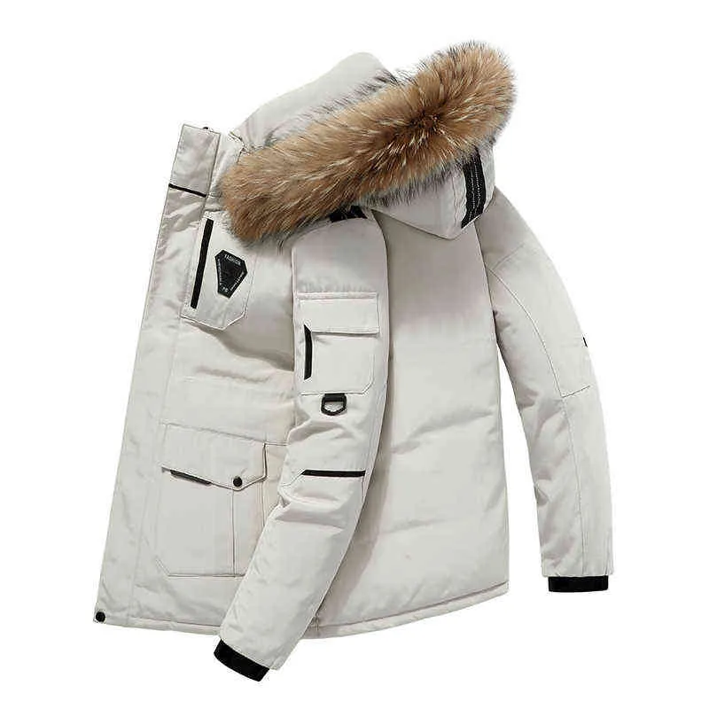 Parkas de invierno para hombre, Color sólido, plumón de pato blanco, chaqueta gruesa cálida con cuello levantado para hombre, sombrero desmontable para hombre, abrigo Parka informal 211214