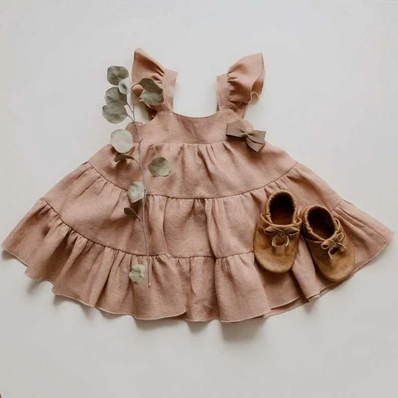 Atacado verão menina vestido sem mangas colete cor sólida Ruffles princesa estilo bonito crianças roupas e718 210610