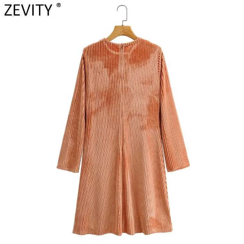 Zevity Women Fashion O Neck Solid Color Velvet Kneeth Dress Female Back Zipper Casual Slim Party Vestido Chic Dresses DS4805 210603