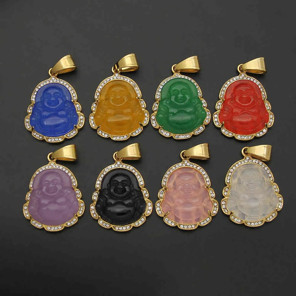 Gröna jade smycken skrattande buddha pendel kedja halsband för kvinnor rostfritt stål 18k guld pläterade amulett tillbehör mödrar dag gåva