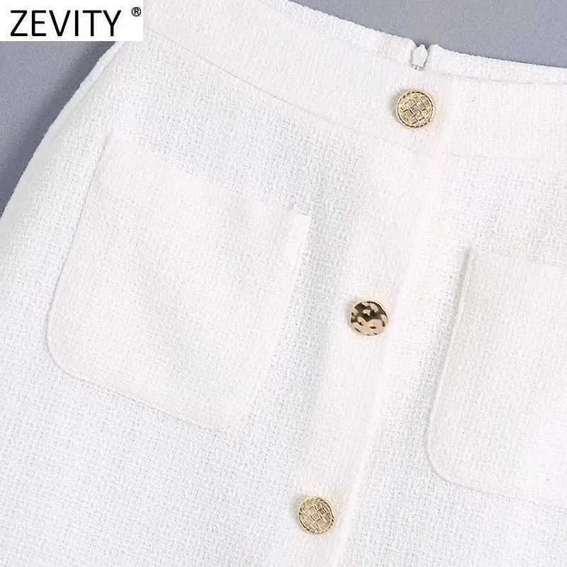 Zevity Women Vintage Pocket Patch Breastered Tweed Woolen Split Slim Spódnica Faldas Mujer Panie Powrót Zamek Chic Vestido Qun789 210708