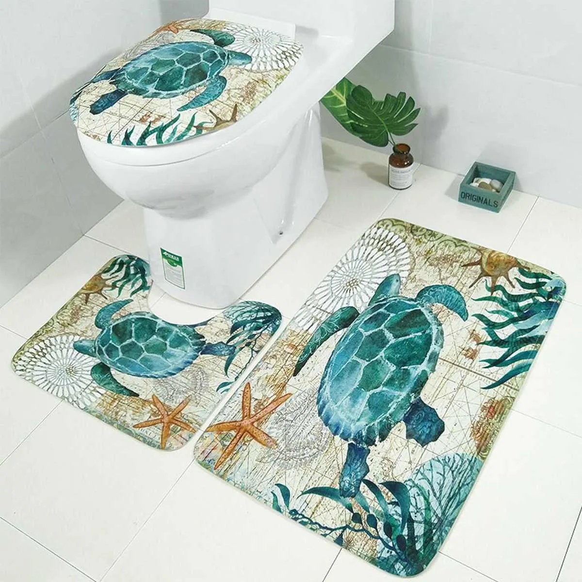 Deniz kaplumbağaları 4 in 1 su geçirmez kumaş banyo 3D duş perdesi kaymaz tuvalet kapağı ile set Kilim Mat Ev Dekorasyon 210402