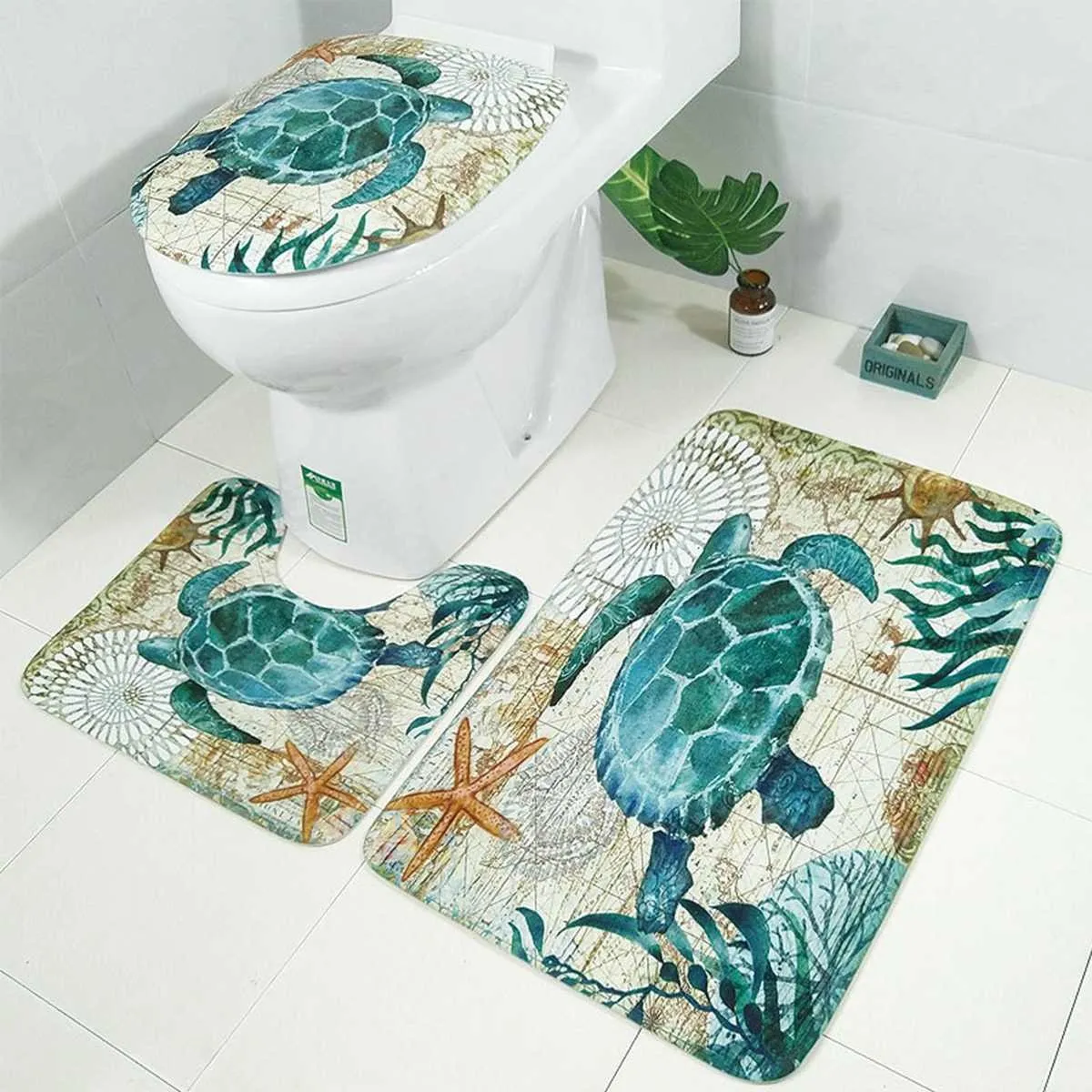 Tortues de mer 4 en 1 Salle de bain en tissu imperméable Ensemble de rideau de douche 3D avec couverture de toilette antidérapante Tapis Tapis Décoration de la maison 210402